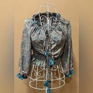 Boho Chic Cropped Paisley Peasant Top Tassel Tie EUC